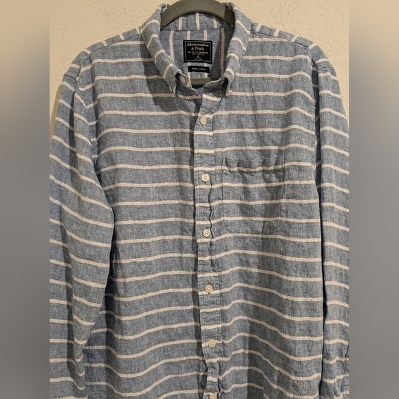 Abercrombie & Fitch Blue Striped 100% Linen Long Sleeve Button-Up Shirt Size XL - Picture 5 of 11
